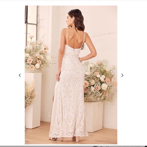 Lulus - Destined for Romance Beige and White Sequin Maxi Dress - Picture 5 of 5